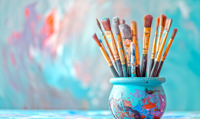 Art brushes in paint in a creative pot on a blue background with space for copy and text. - obrazy, fototapety, plakaty