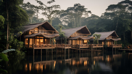 Fototapeta na wymiar Amazon Rainforest Eco-Lodge Built entirely from local