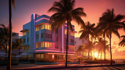 Obraz premium An art deco hotel on Miami Beach with a colorful sun