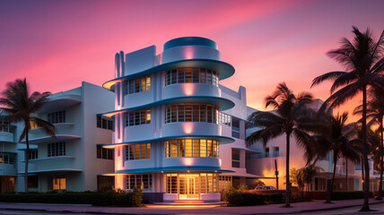 An art deco hotel on Miami Beach with a colorful sun and palm - obrazy, fototapety, plakaty