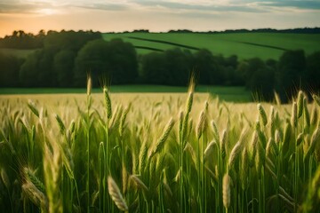Envision the essence of rural elegance—a field painted with the vibrant green hues of flourishing wheat ears. Impeccable lighting bathes the scene, capturing