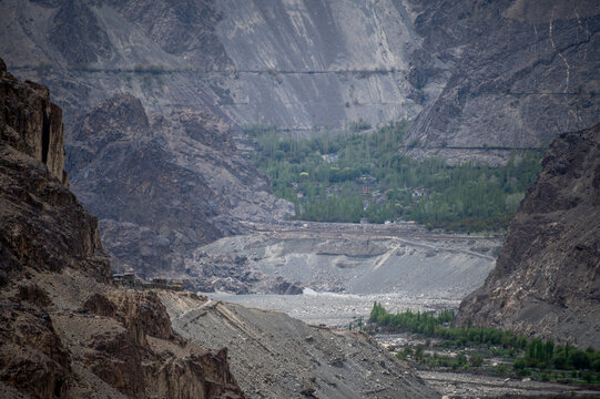 View of Pakistan Village behind India Pakistan Border from Turtuk. Turtuk is the last village of India on the India- Pakistan Border situated in the Nubra Valley region in Ladakh,India