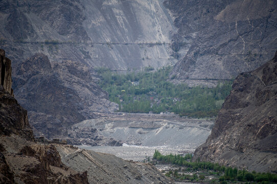 View of Pakistan Village behind India Pakistan Border from Turtuk. Turtuk is the last village of India on the India- Pakistan Border situated in the Nubra Valley region in Ladakh,India
