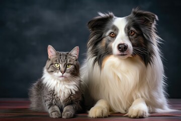 Close up portrait of a dog and a cat looking at the camera in front of a gray background