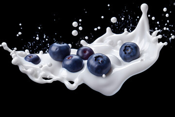 milk splash with blueberries isolated on black background