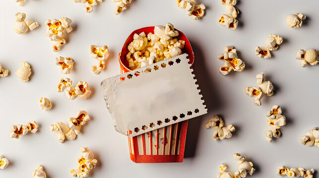 Popcorn Movie Background with Blank Ticket For Text Isolated On White Background. Hand Edited