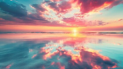 the sunset is reflected in the water on the shore