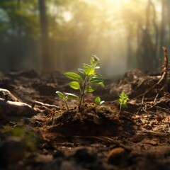 New Beginnings: A Hopeful Photograph of a Newborn Plant in a Devastated Forest, Bathed in Daylight