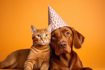 Cute adorable birthday red dog in party hat with kitten cat sitting on yellow orange background