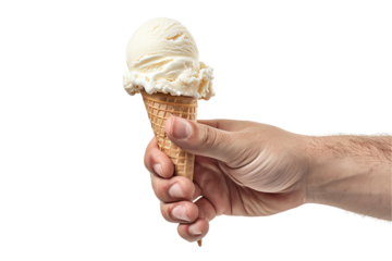 Hand holding a bottle of water and a glass of wine next to a tempting assortment of ice cream cones, featuring flavors like chocolate, strawberry, and vanilla, on a white background, creating a refres
