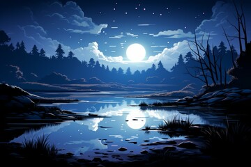 Tranquil moonlit ponds, reflecting the serenity of the night sky - Generative AI - obrazy, fototapety, plakaty