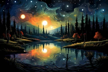 Fotobehang Tranquil moonlit ponds, reflecting the serenity of the night sky - Generative AI © Sidewaypics