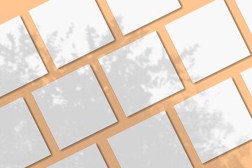 Natural light casts shadows from a tropical tree on several square sheets of white textured paper lying on a orange background. Mockup