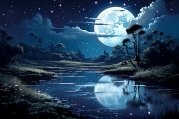 Tranquil moonlit ponds, reflecting the serenity of the night sky - Generative AI