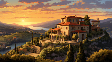 Tuscan Hilltop Villa A classic Italian villa with renaissance - obrazy, fototapety, plakaty