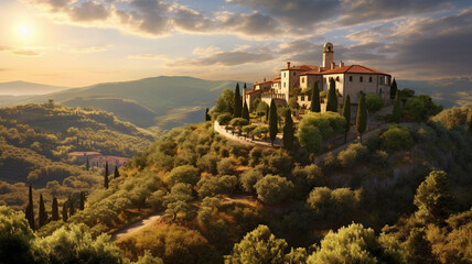 Tuscan Hilltop Villa A classic Italian villa with arches - obrazy, fototapety, plakaty