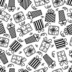 Gift boxes seamless vector pattern. Containers with bow, ribbon, confetti. Black and white presents with polka dot, stripes, stars. Hand drawn doodle, line art. Funny background for party, birthday