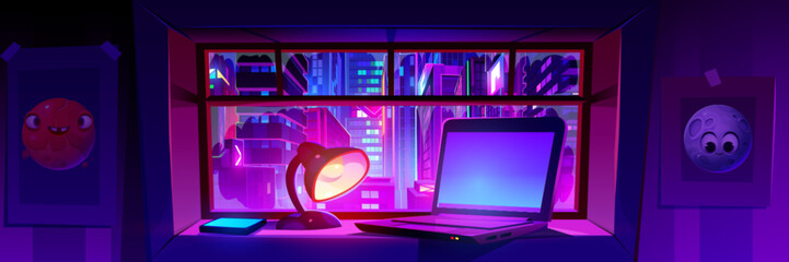 Fototapeta na wymiar View on night city with neon glow through window of cozy home room with laptop, mobile phone and desk lamp on windowsill. Cartoon vector modern downtown scenery with skyscraper from inside appartement