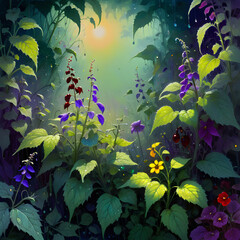 The painting depicts a breathtaking scene of a lush sunrise garden adorned with vibrant nightshade, nettle, and wildflowers, all carefully intertwined with lush green leaves. The colors chosen by the