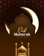 Islamic festival poster background design with mosque, arabic calligraphy, crescent moon and lantern. Suitable for Ramadan Kareem , Hari Raya, Eid Mubarak, Eid al Adha.