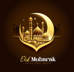 Islamic festival poster background design with mosque, arabic calligraphy, crescent moon and lantern. Suitable for Ramadan Kareem , Hari Raya, Eid Mubarak, Eid al Adha.