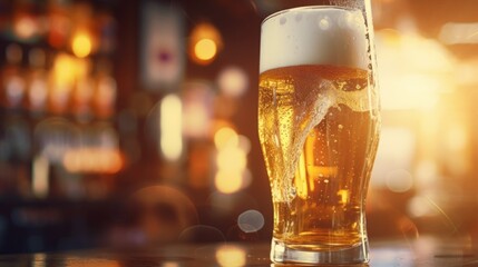 Fototapeta na wymiar Cold draft beer in a glass at the bar.