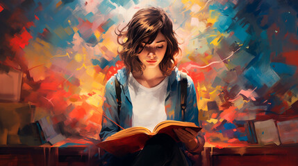 Enthusiastic young woman reads book surrounded by swirl of colorful abstract figures, representing explosion of ideas, imagination that literature generates. Scene brings to mind creativity, learning