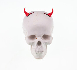skull with red devil horns isolated on white background
