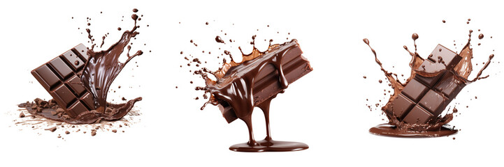 Set of chocolate bar and outside splash of liquid chocolate isolated on a transparent background
