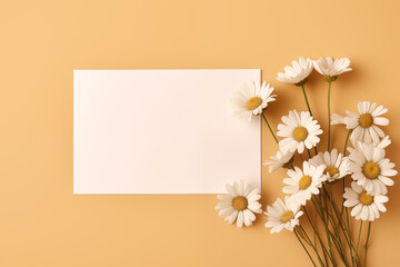 Blank white horizontal card mockup with daisy flowers. Paper card mockup with copy space. Generative AI