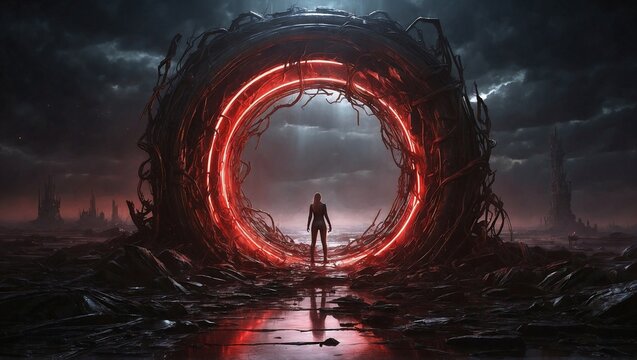 In the depths of a dystopian wasteland, a chillingly ominous time portal looms, its hum vibrating with a sinister resonance.