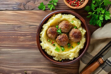 Meatballs served over mashed potatoes with gravy and parsley