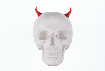 skull with red devil horns isolated on white background