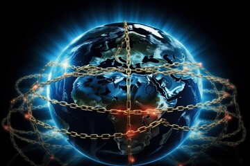 Cyber world. Planet Earth covered by chains. Globe. World. Safety. Censorship. Restrictions. Earth is enclosed in chains and bound by chains. Political context. Summit. Censor. Threat. Menace. Danger - obrazy, fototapety, plakaty