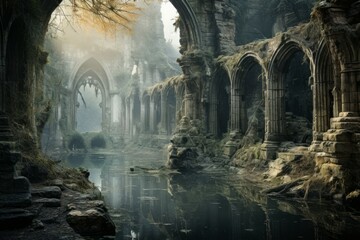 Naklejka premium Enigmatic misty ruins, holding ancient secrets and forgotten knowledge - Generative AI