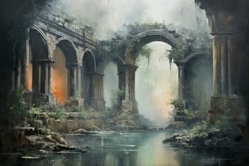 Enigmatic misty ruins, holding ancient secrets and forgotten knowledge - Generative AI