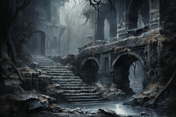 Naklejka premium Enigmatic misty ruins, holding ancient secrets and forgotten knowledge - Generative AI