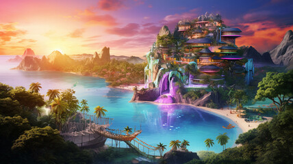Iridescent Isle A shimmering rainbow colored resort - obrazy, fototapety, plakaty