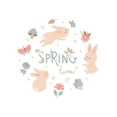 Cute bunny with flowers butterfly and text spring. Childish little baby rabbit composition for design and kids print on t-shirt. Simple isolated vector illustration.