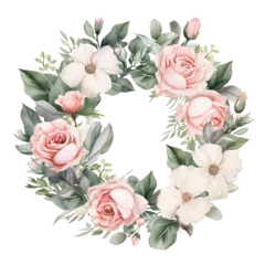Behang Watercolor Pink Flowers Clipart. Pink Roses PNG, Floral Bouquets. Wedding Flowers with transparent background. Floral Wreath Digital Art © Skyimages