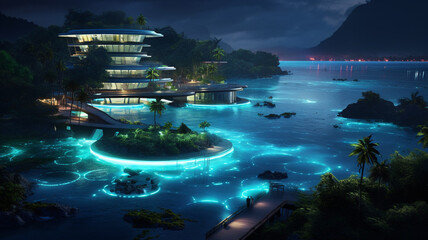 Luminous Lagoon A bioluminescent bay surrounded - obrazy, fototapety, plakaty