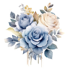 Watercolor Dusty Blue Flowers Clipart. Blue Roses PNG, Floral Bouquets. Wedding Flowers with transparent background. Floral Wreath Digital Art