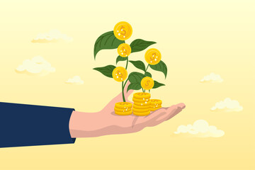 Businessman investor hand holding money flower plant from pile of coins, investment growth, prosperity, earn more money from savings, mutual funds, opportunity to make profit, increase wealth (Vector)