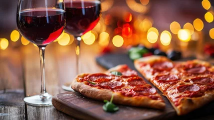 Foto op Plexiglas Pizza and wine on bokeh background. Home cooked Valentines Day dinner. © People