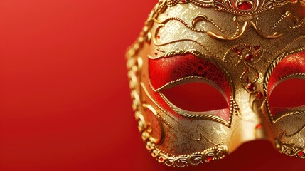 Golden Mask isolated on red background.