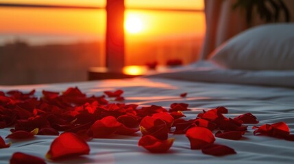 Romantic Sunset Ambiance with Rose on Bed