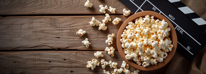popcorn splash top view with clapperboard space for text