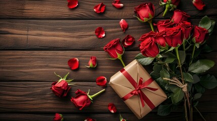 Valentines concept with bouquet of roses and wrapped gift box on wooden table