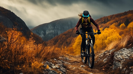Fototapeta premium cycling woman riding on bike in autumn mountains