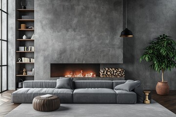 Grey sofa against concrete wall with fireplace and book shelves. Loft home interior design of modern living room.